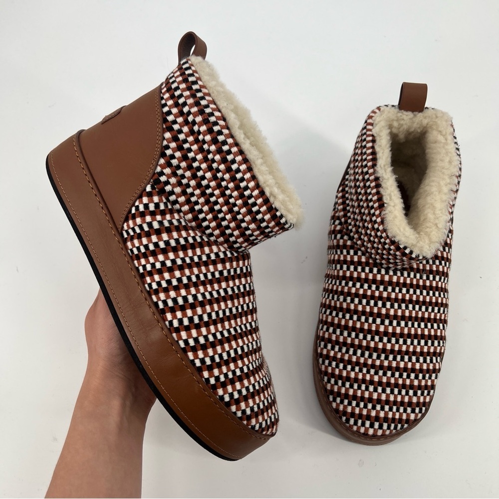 Amambaih Juana Low Woven Leather Chunky Shearling Lined Snow Boots in Cognac 9